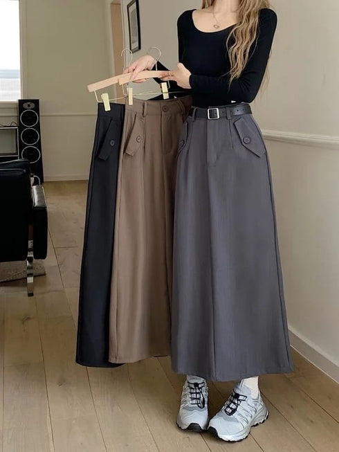 Casual Full Length Side Pocket Loose Skirts With Belt